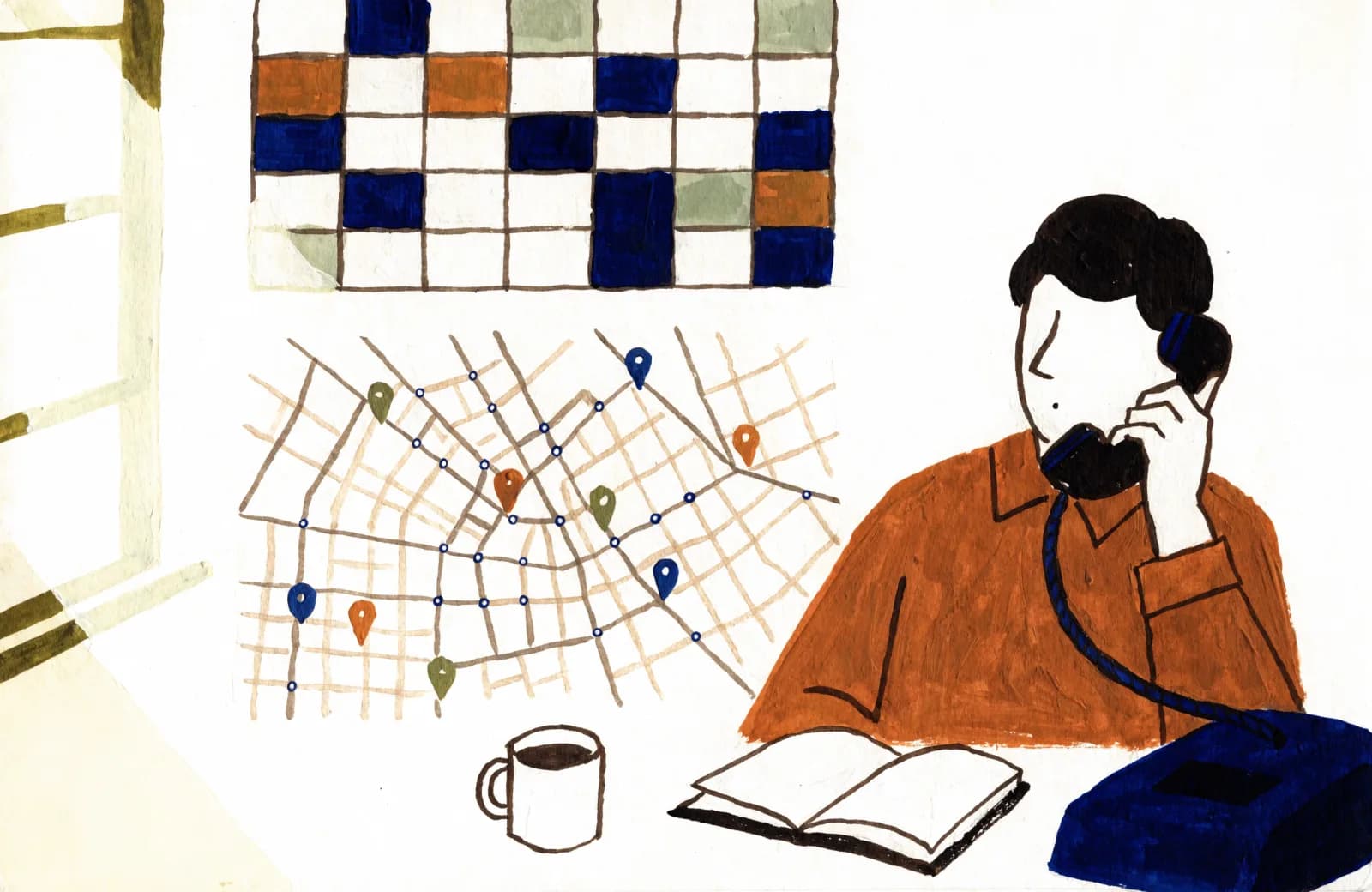 Eine Koordinatorin am Telefon, an der Wand ein Kalender und ein Stadtplan mit Nadeln