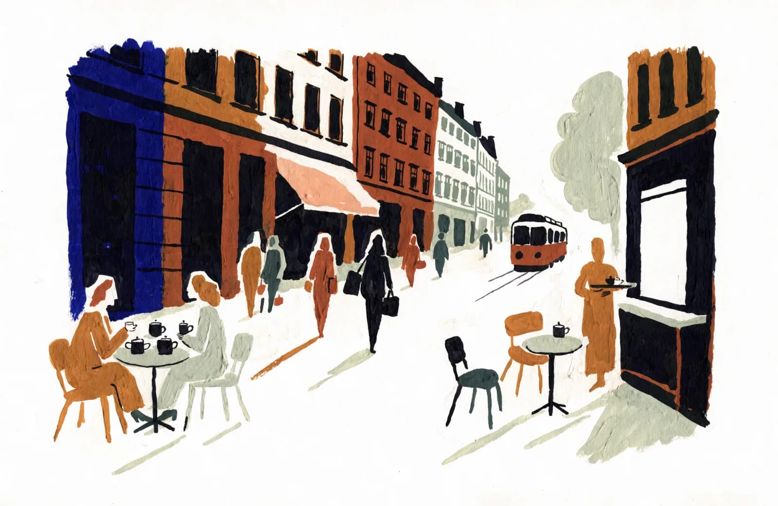 Illustration: Ein Café auf der Sonnenallee mit Tischen auf dem Gehweg, Passanten und einer Straßenbahn