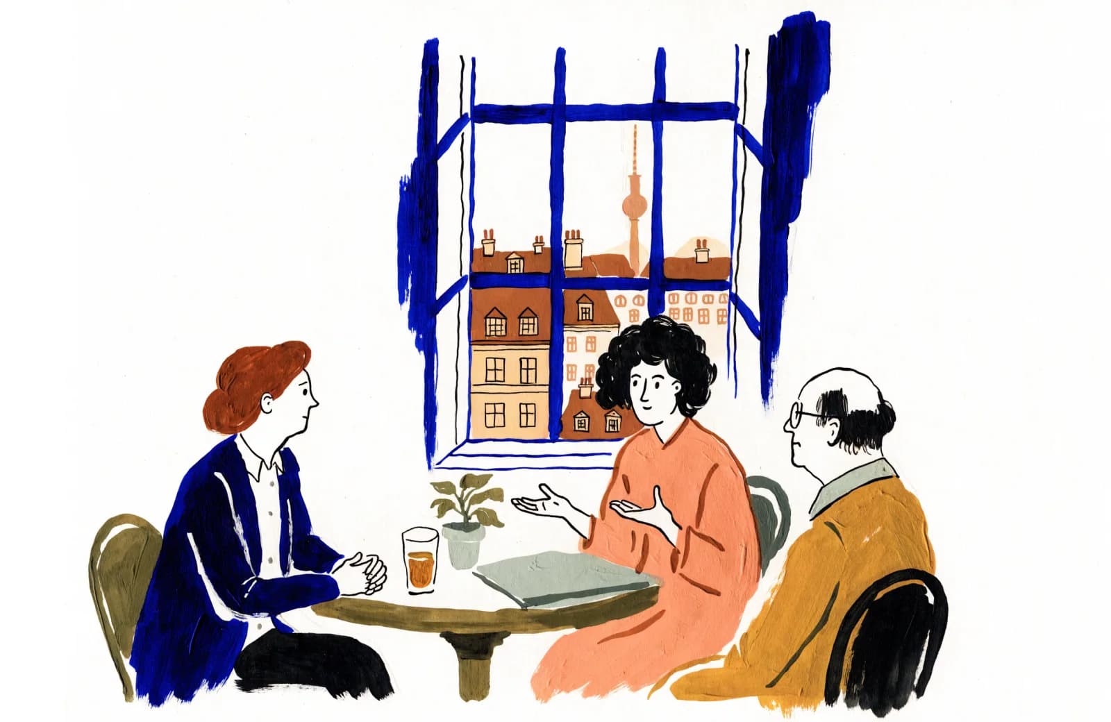 Gouache-Illustration: Eine Dolmetscherin vermittelt am Tisch zwischen zwei Gesprächspartnern, im Fenster der Berliner Fernsehturm