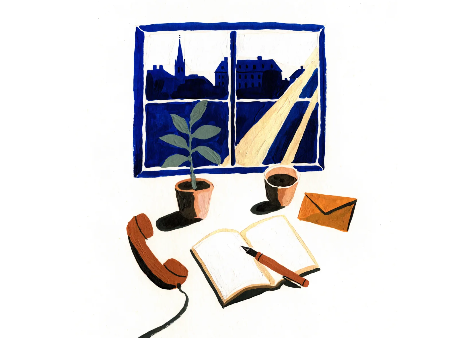 Gouache-Illustration: Schreibtisch mit Telefonhörer, aufgeschlagenem Notizbuch, Füller, Umschlag und einer Tasse Tee, im Fenster Berliner Dächer
