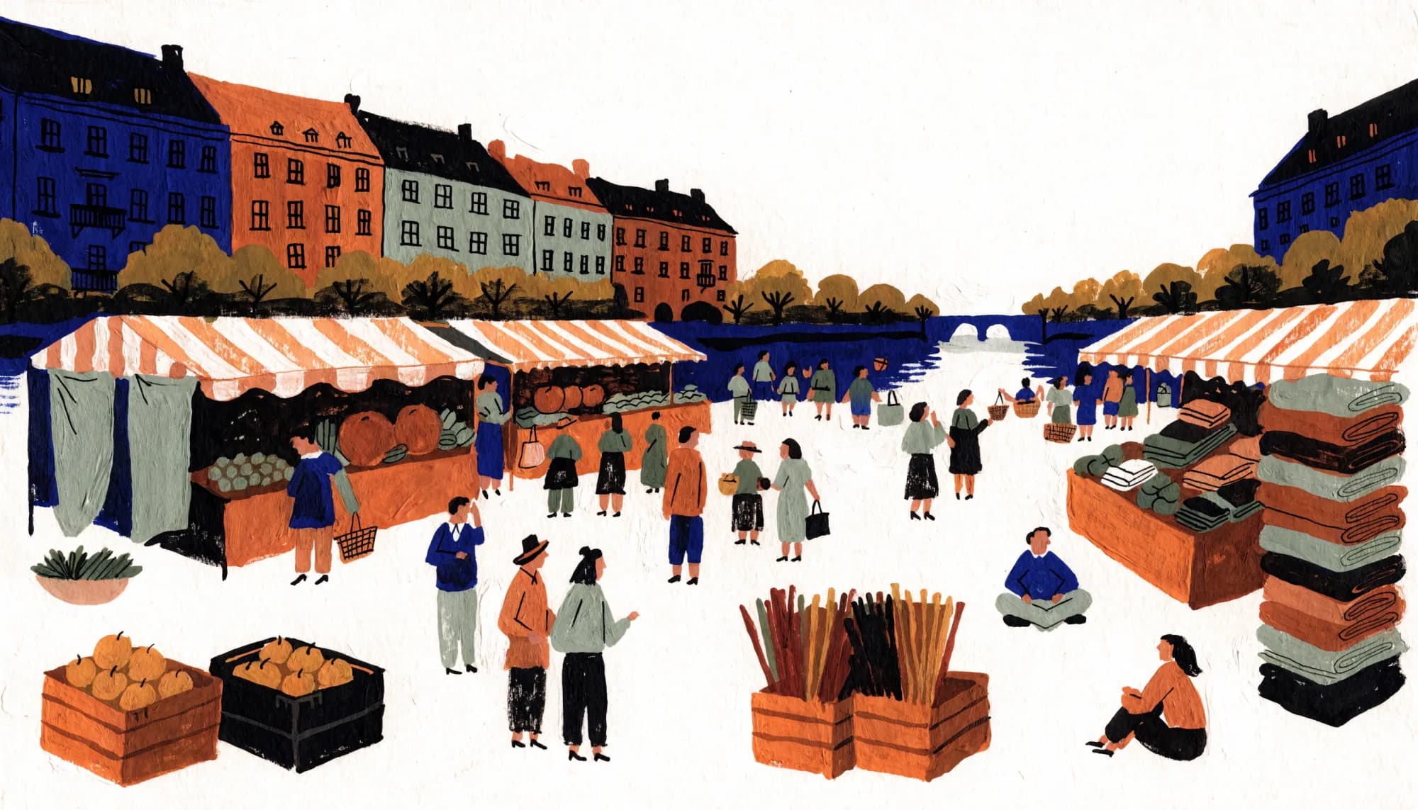 Ein belebter Markt am Berliner Kanal, Stände mit gestreiften Markisen